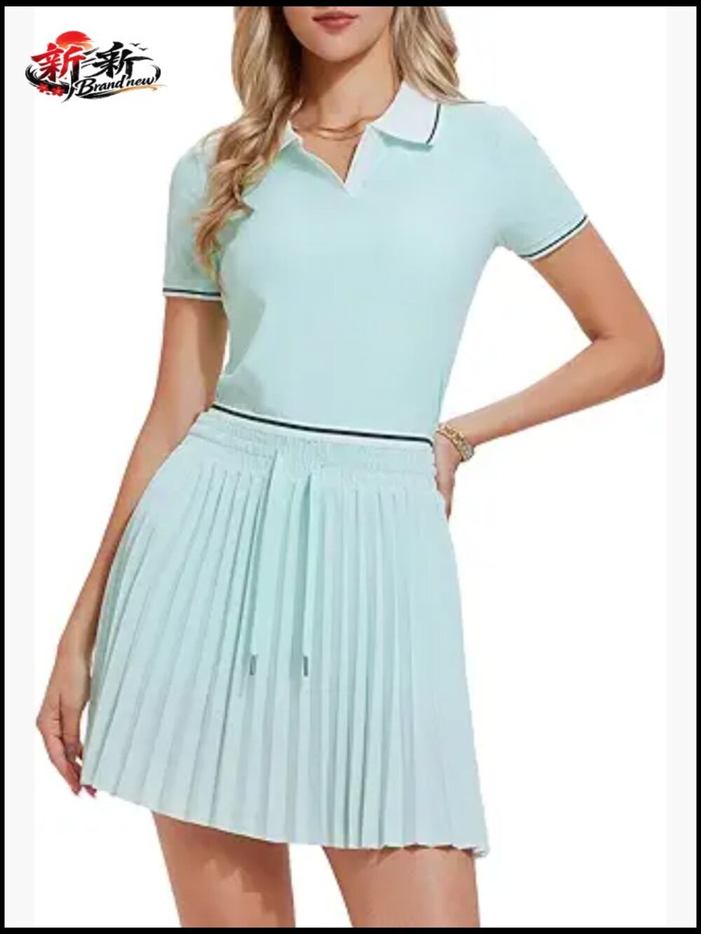 Women's 2 Piece Tennis Skirt Set V Neck Short Sleeve Top Pleated Skort